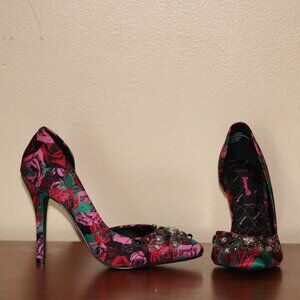 Satin Floral Rhinestoned Print Betsey Johnson Formal Pumps